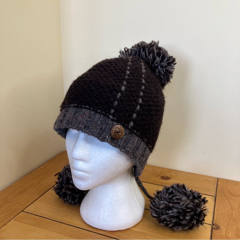 Kyber Brown Wool Knit Winter Hat Pom Pom Tassels Fleece Lined Adult Size